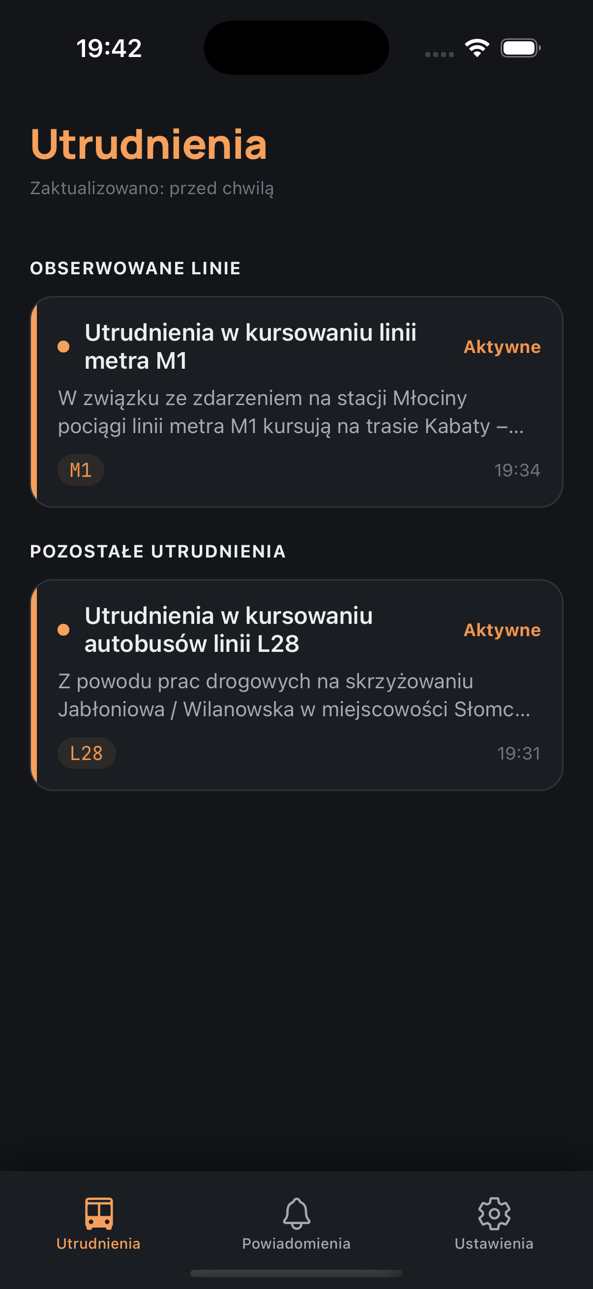 Ekran aplikacji jaksytuacja z listą utrudnień na obserwowanych liniach