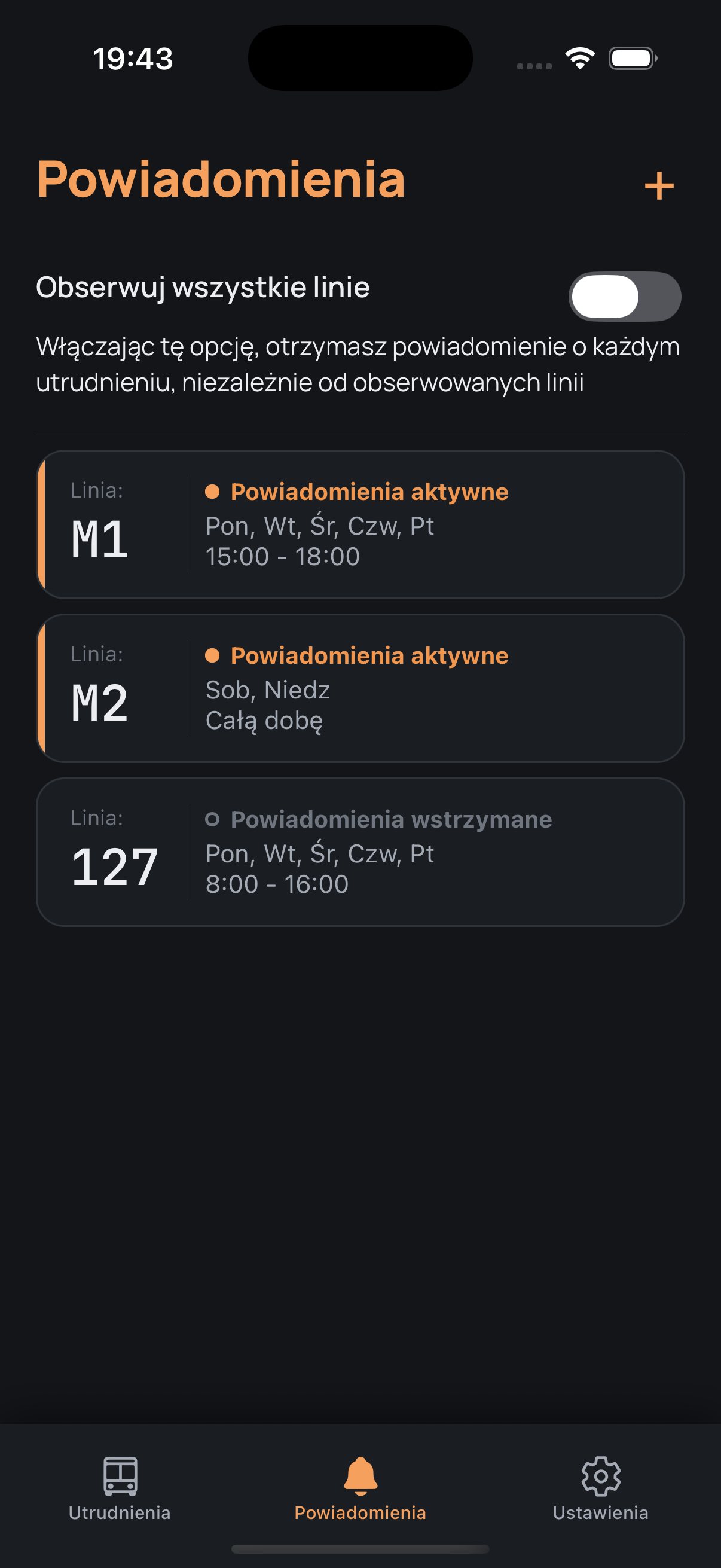 Reguły powiadomień użytkownika z numerami linii i godzinami