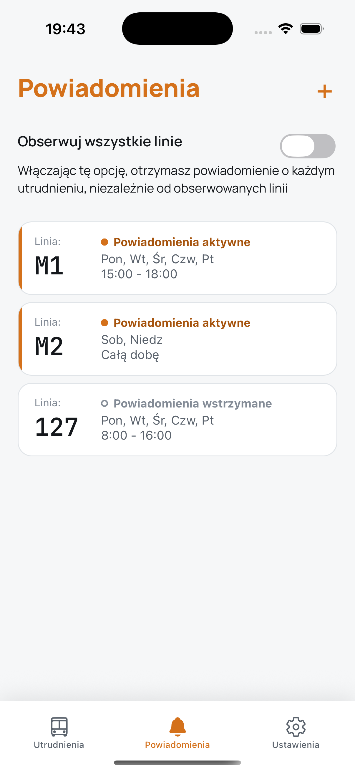 Reguły powiadomień użytkownika z numerami linii i godzinami