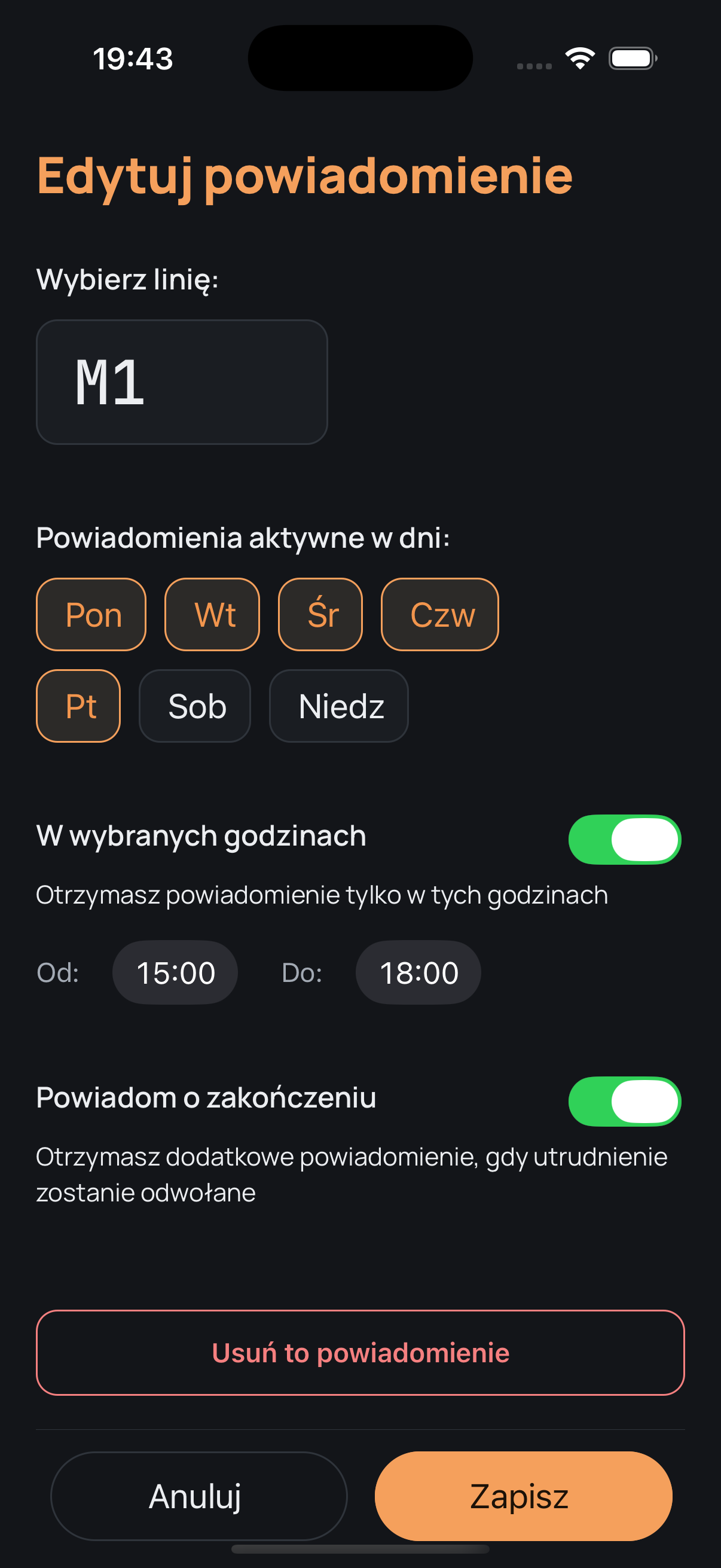 Ustawienia aplikacji: wygląd, cisza nocna, zakończone utrudnienia