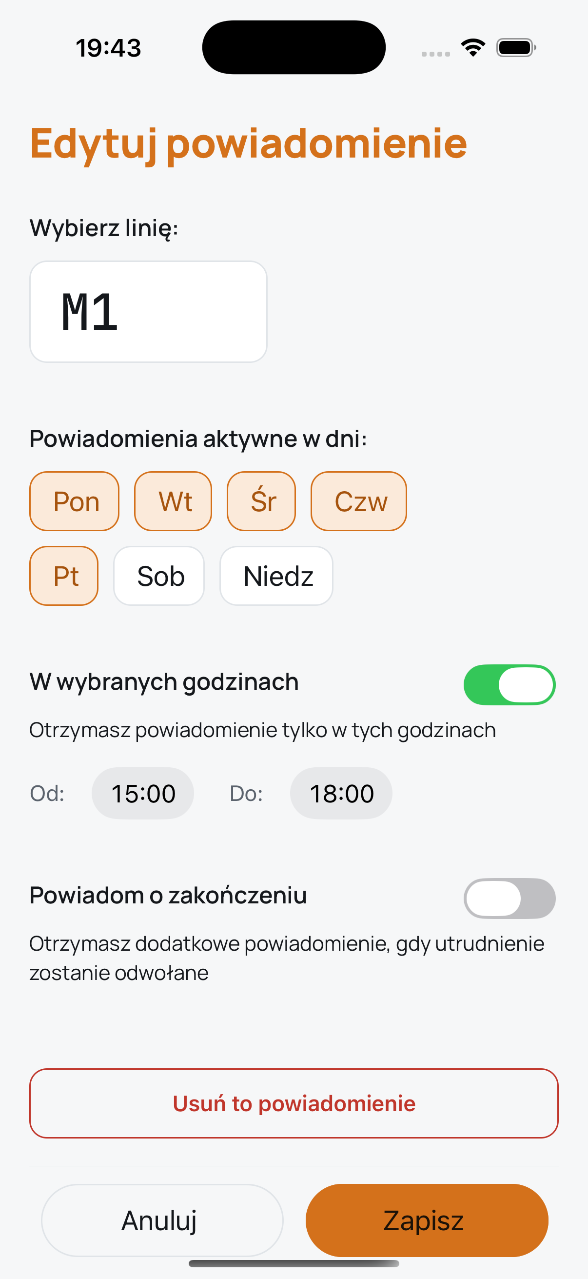 Ustawienia aplikacji: wygląd, cisza nocna, zakończone utrudnienia